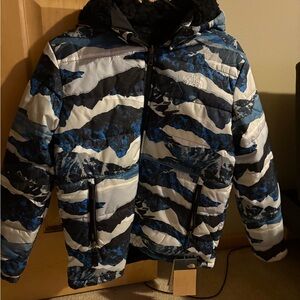 The North Face Kids Blue and Black Camo Puffer Jacket